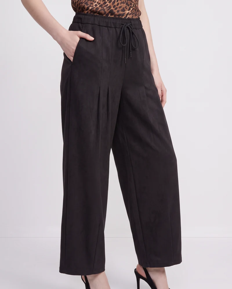 Pantaloni barrel effetto camoscio con coulisse in vita - Nero