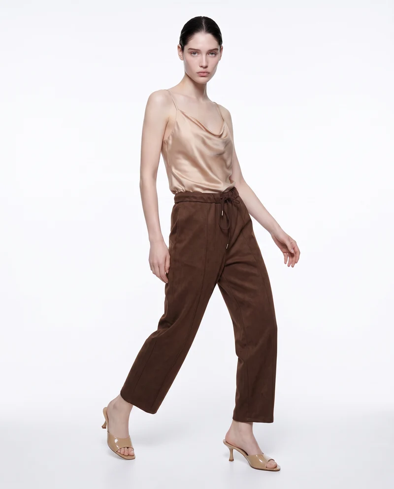 Pantaloni barrel effetto camoscio con coulisse in vita - Moro