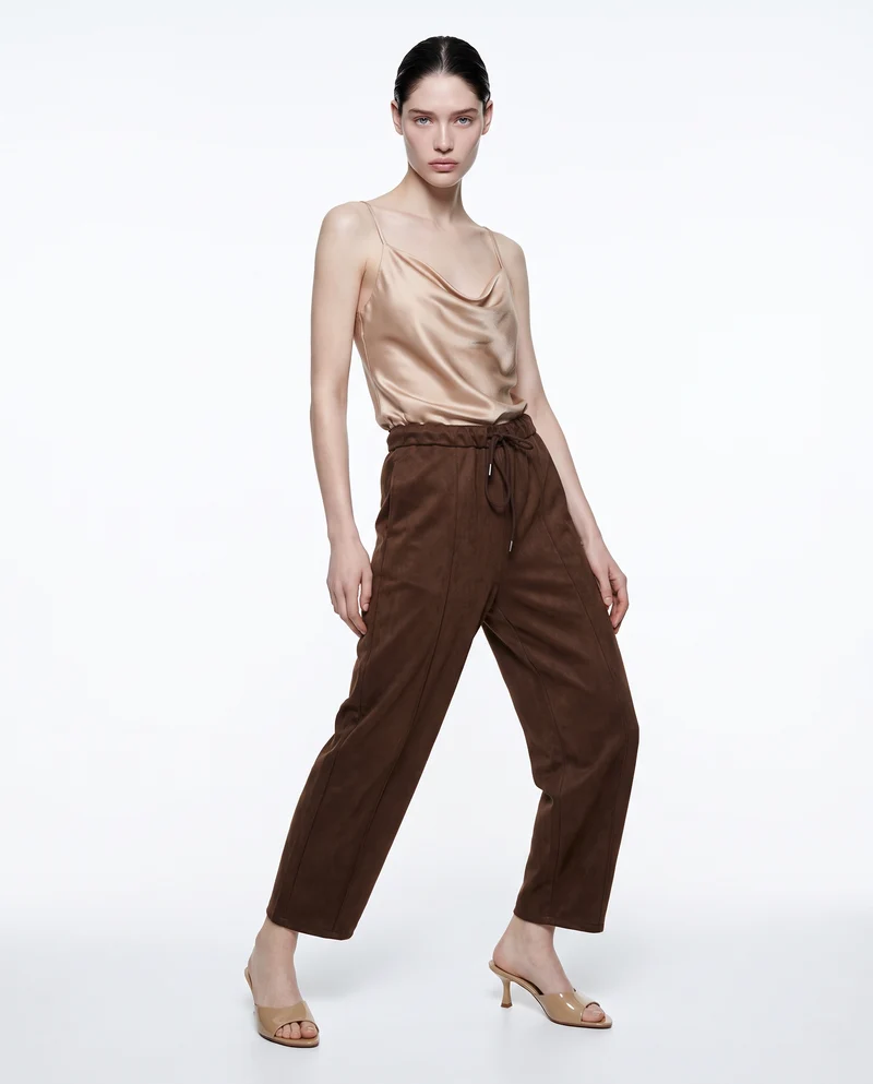Pantaloni barrel effetto camoscio con coulisse in vita - Moro