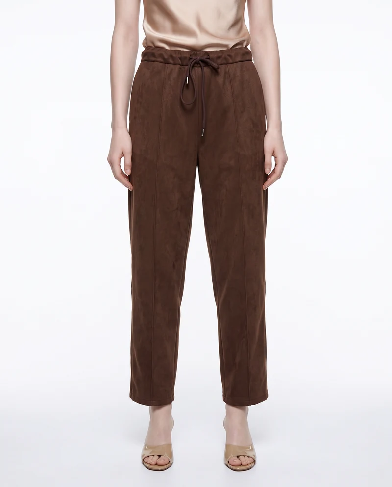 Pantaloni barrel effetto camoscio con coulisse in vita - Moro