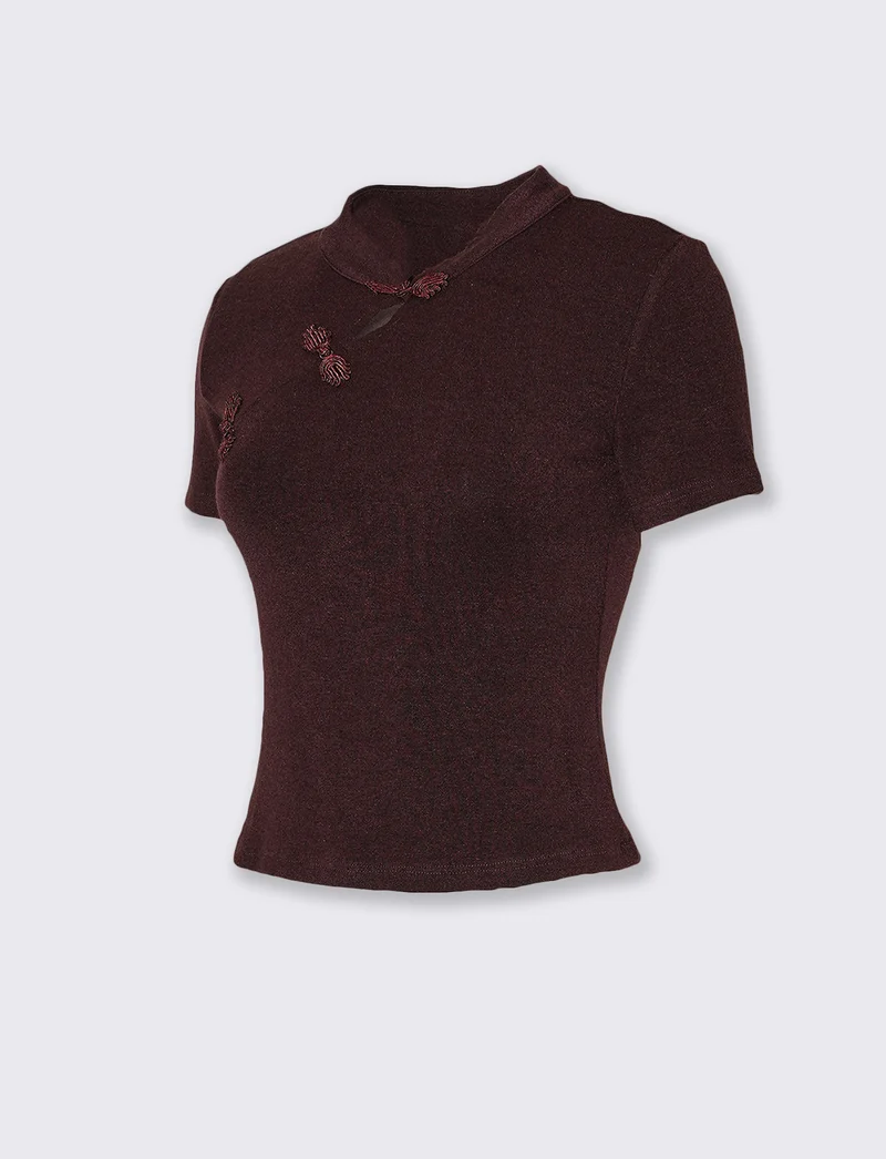 Maglia mezza manica asimmetrica con collo alla coreana e alamari - Vinaccia