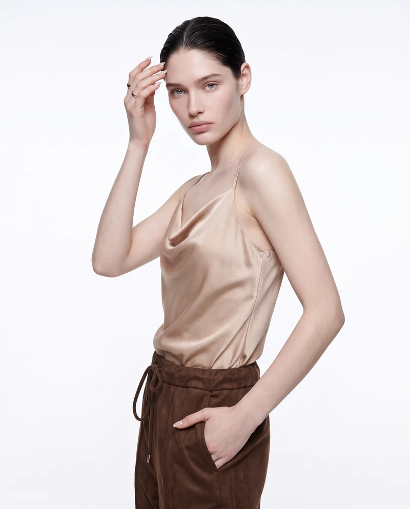 Top con scollo drappeggiato e bretelle sottili - Beige champagne