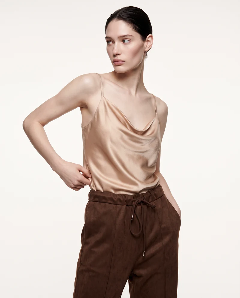 Top con scollo drappeggiato e bretelle sottili - Beige champagne