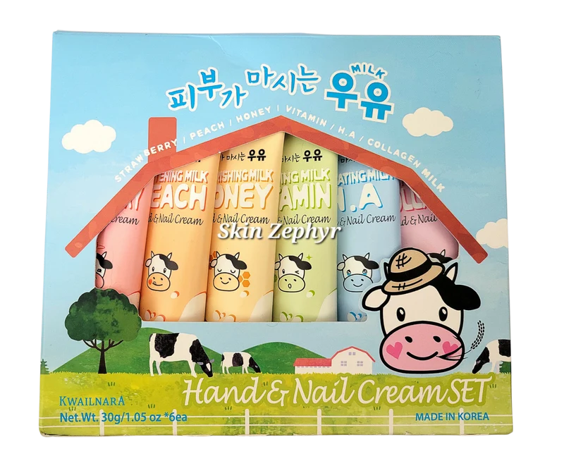 Kwailnara Milk Hand & Nail Cream Gift Set: Strawberry, Peach, Honey, Vitamin, Hyaluronic & Collagen