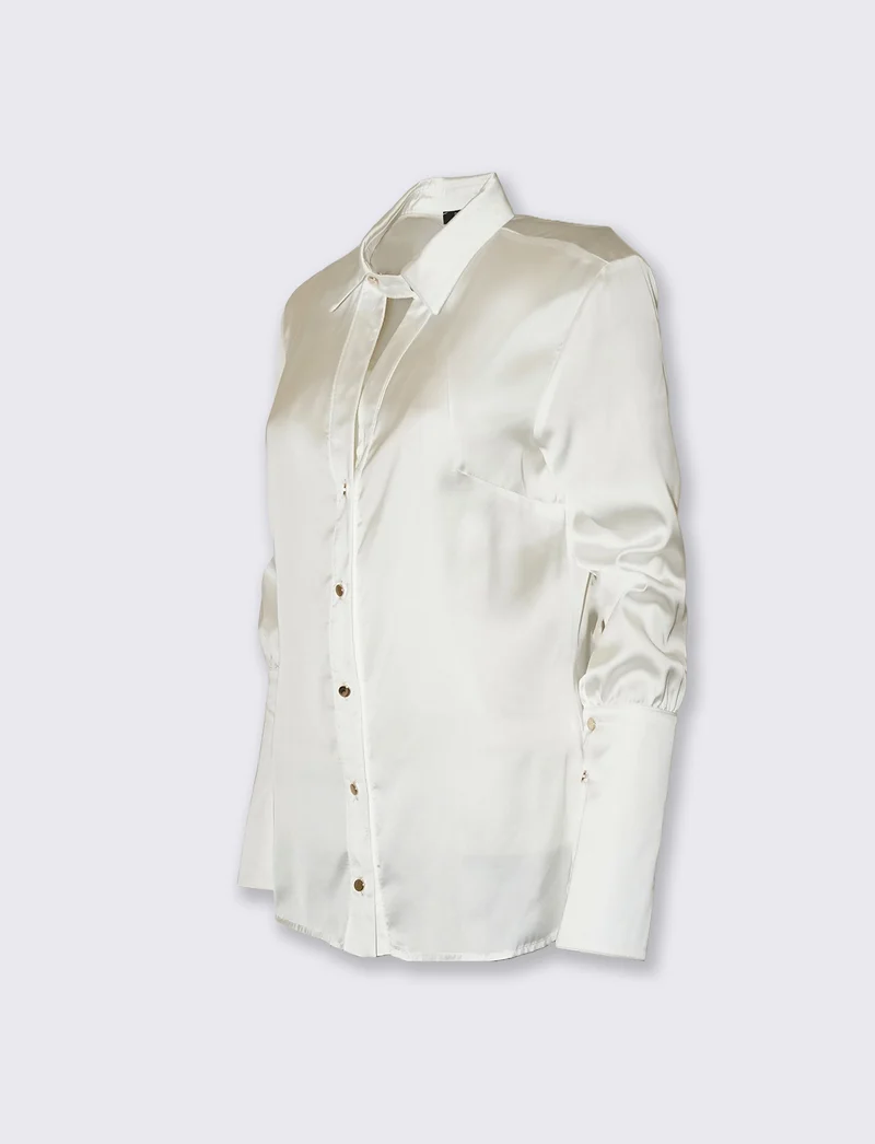 Camicia in raso a manica lunga con abbottonatura sul colletto - Bianco