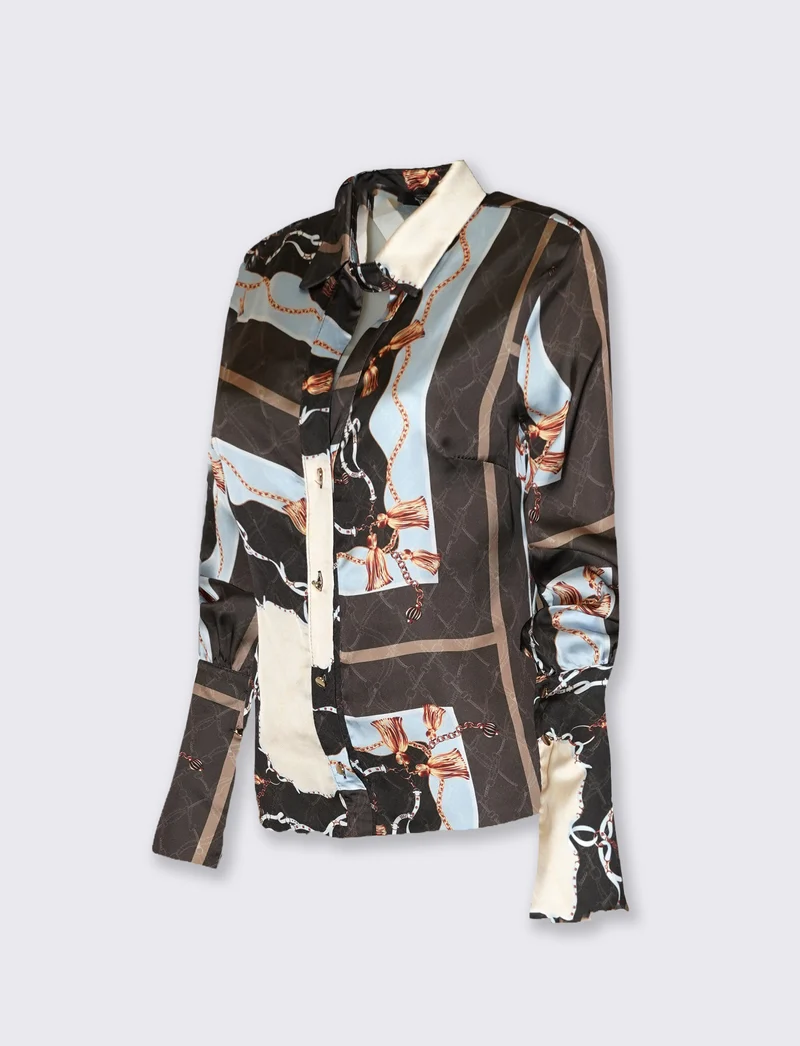 Camicia in raso a manica lunga con abbottonatura sul colletto - Fantasia