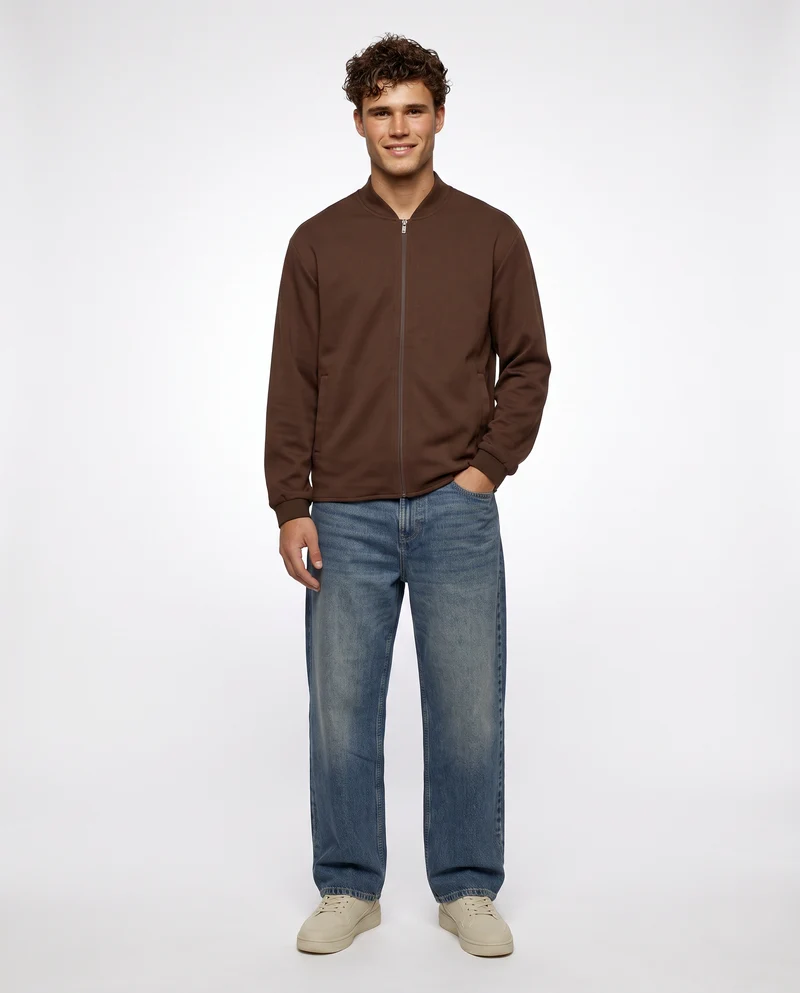 Felpa Lupetto Cardigan Uomo in Tessuto Diagonale - Moro