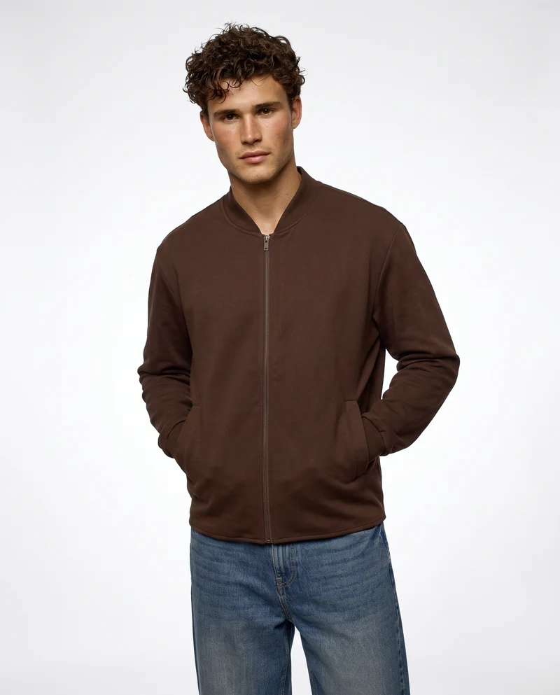 Felpa Lupetto Cardigan Uomo in Tessuto Diagonale - Moro
