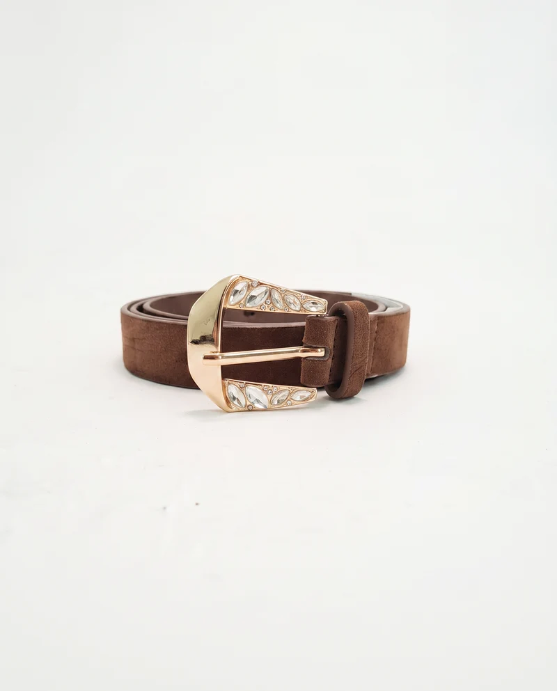 Cintura in velluto con fibbia gioiello di strass - Beige