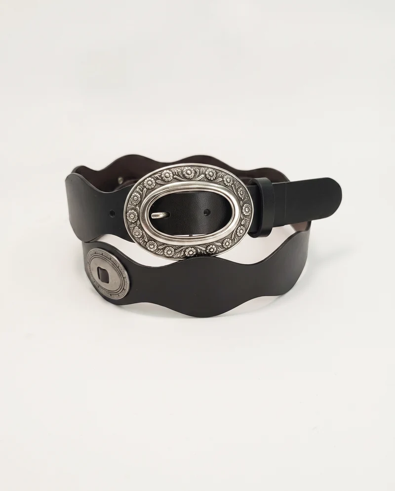 Cintura country con fibbia ovale in pelle - Nero