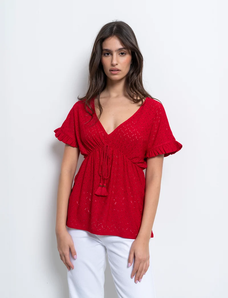 T-shirt in pizzo con elastico in vita da donna - Rosso scarlatto