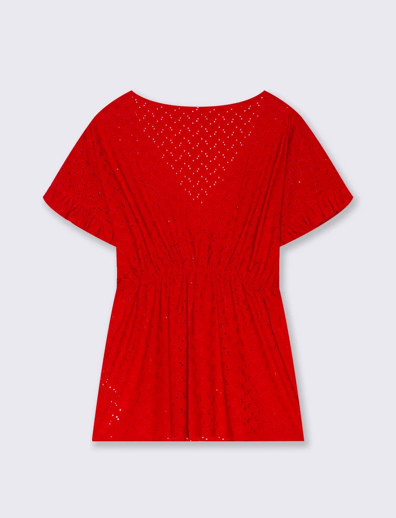 T-shirt in pizzo con elastico in vita da donna - Rosso scarlatto