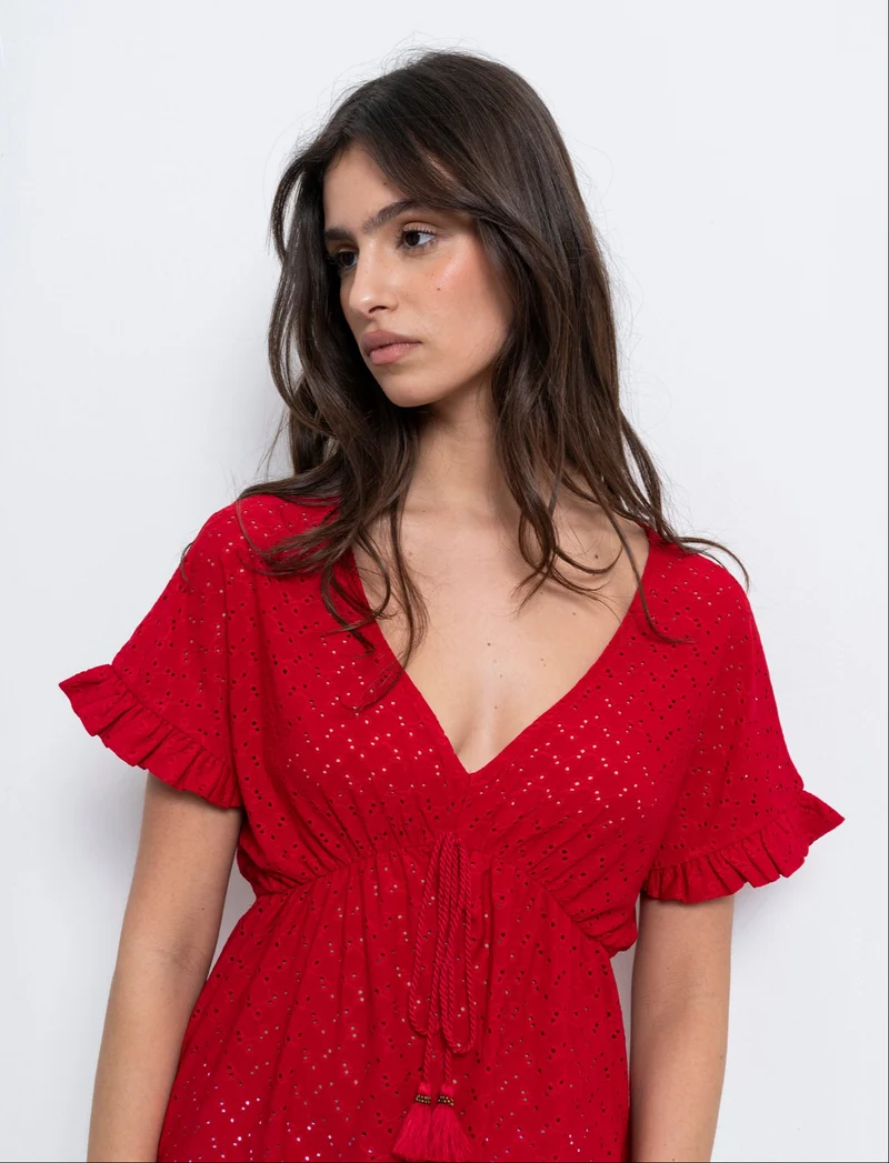 T-shirt in pizzo con elastico in vita da donna - Rosso scarlatto