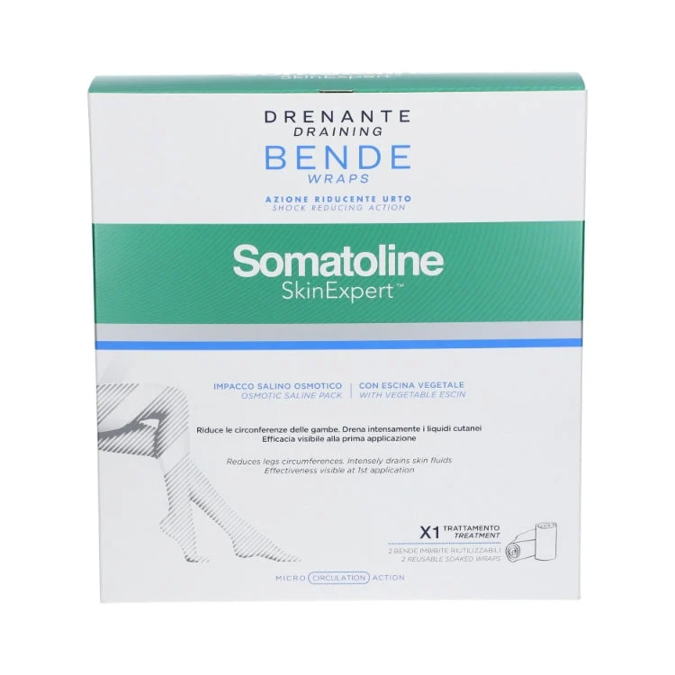 Somatoline Cosmetic - Skin Expert - Drenante Draining - Bende - Wraps - Azione Riducente Urto - Shock Reducing Action - Impacco Salino Osmotico - Osmotic Saline Pack - Riduce Le Circonferenze Delle Gambe - Drena Intensamente I Liquidi Cutanei