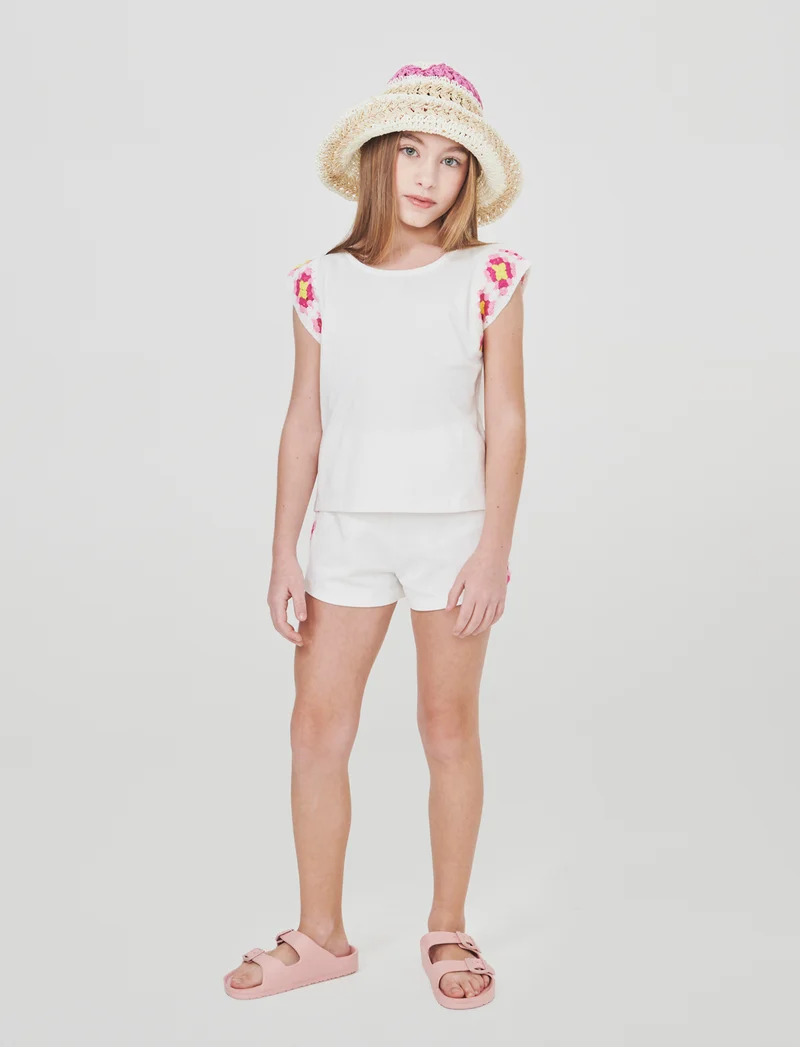 Pantaloncino con fasce in crochet e felpa - Bianco latte