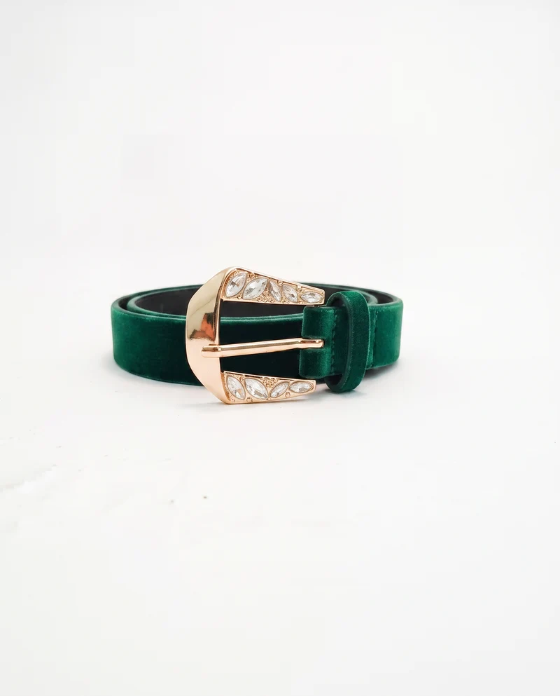 Cintura in velluto con fibbia gioiello di strass - Verde
