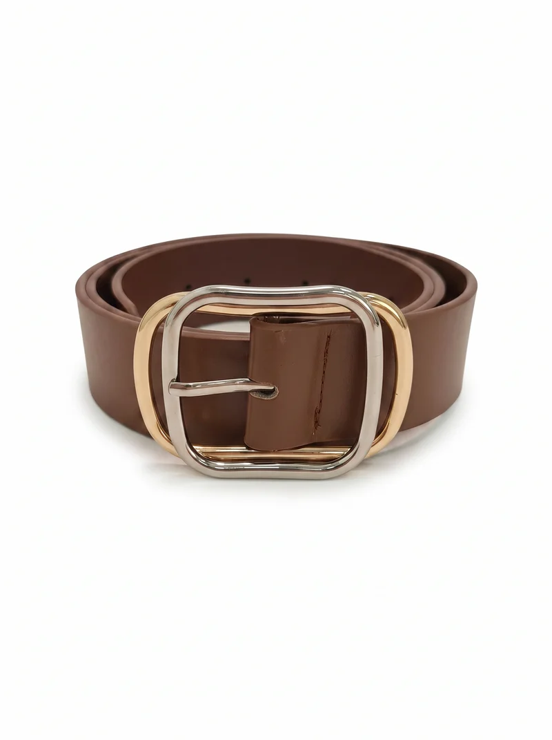 Cintura bicolor effetto pelle con fibbia - Marrone