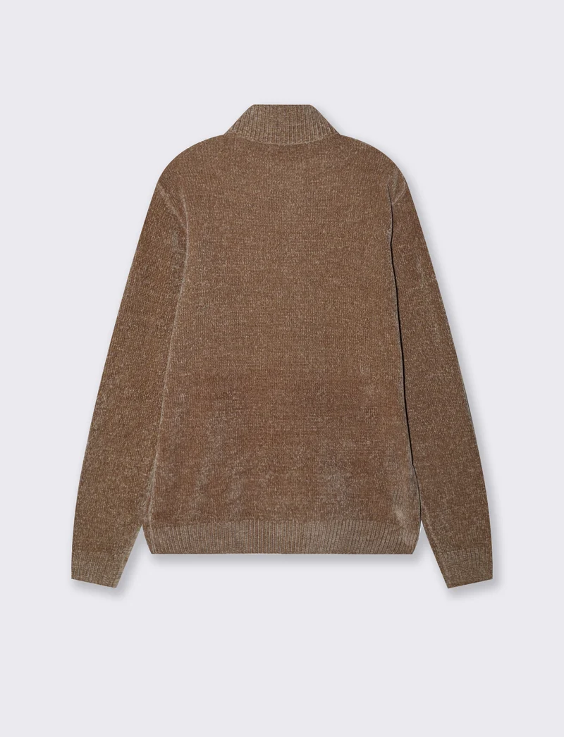 Maglia ciniglia collo alto con cerniera - Grigio fango