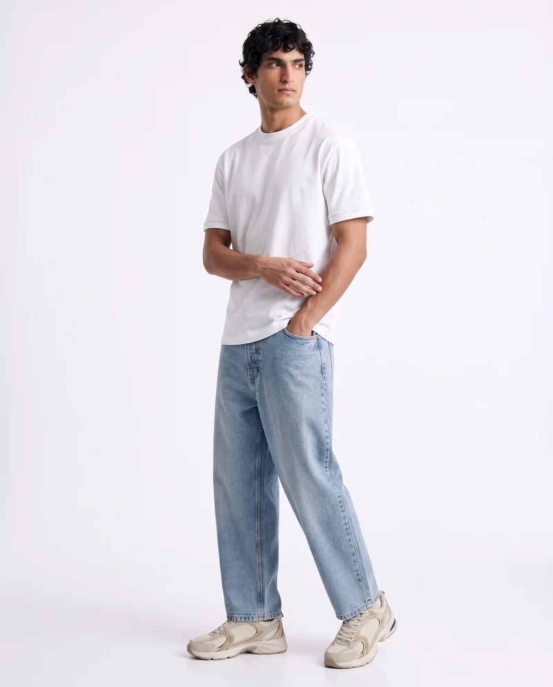 Jeans Tapered Wide Leg Effetto Slavato - Denim chiaro