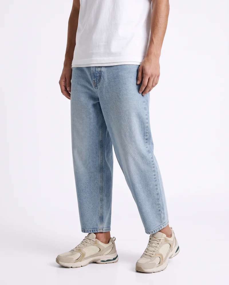 Jeans Tapered Wide Leg Effetto Slavato - Denim chiaro