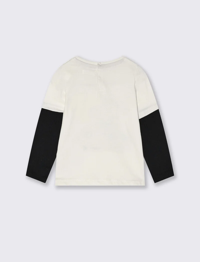 T shirt manica lunga a contrasto con stampa - Bianco latte