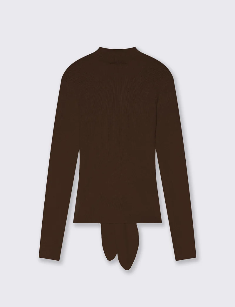 Maglia a collo alto con nodo in vita - Marrone cioccolato