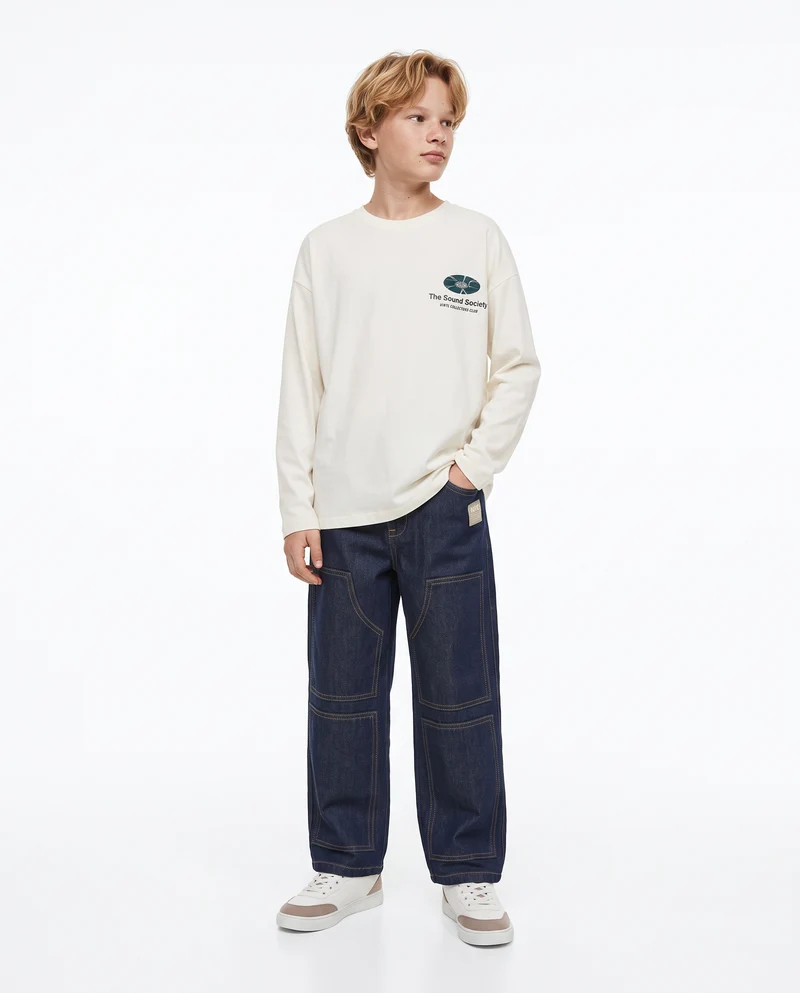 T-shirt loose in jersey peach con stampe - Bianco latte