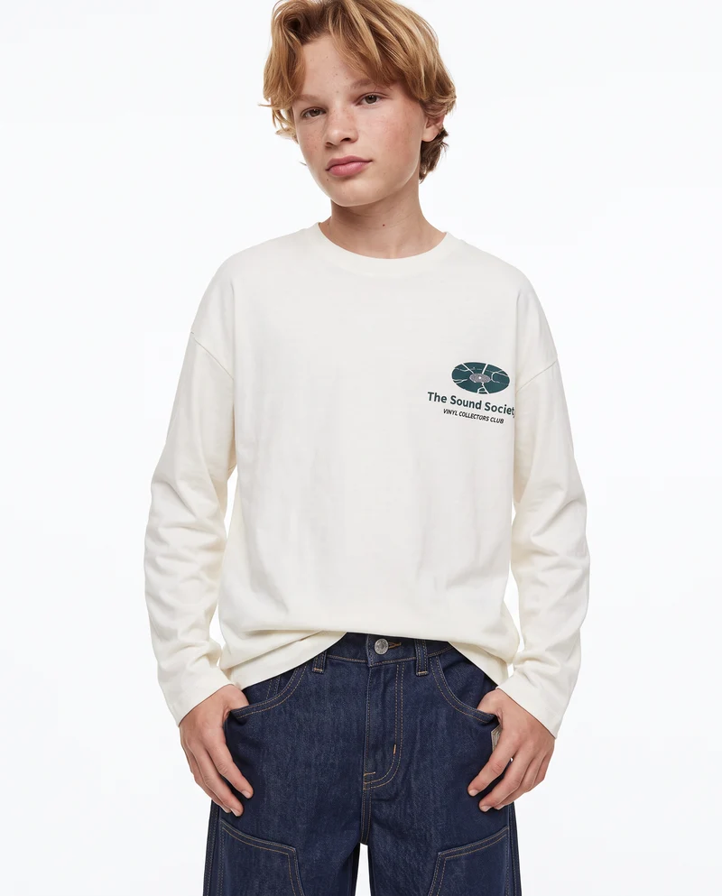 T-shirt loose in jersey peach con stampe - Bianco latte