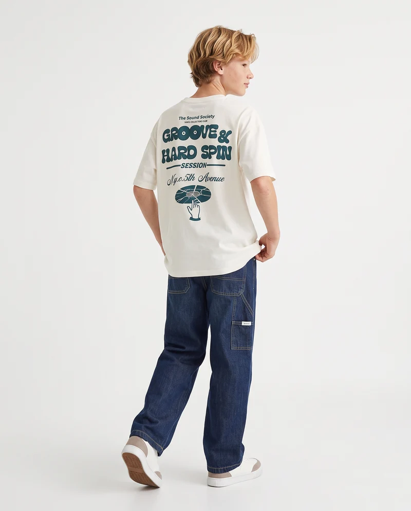 T-shirt loose in jersey peach con stampe - Bianco latte