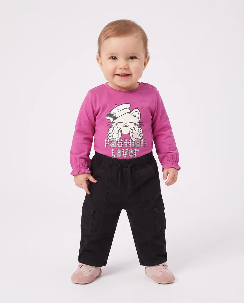 T shirt manica lunga girocollo con stampa - Fuxia azalea