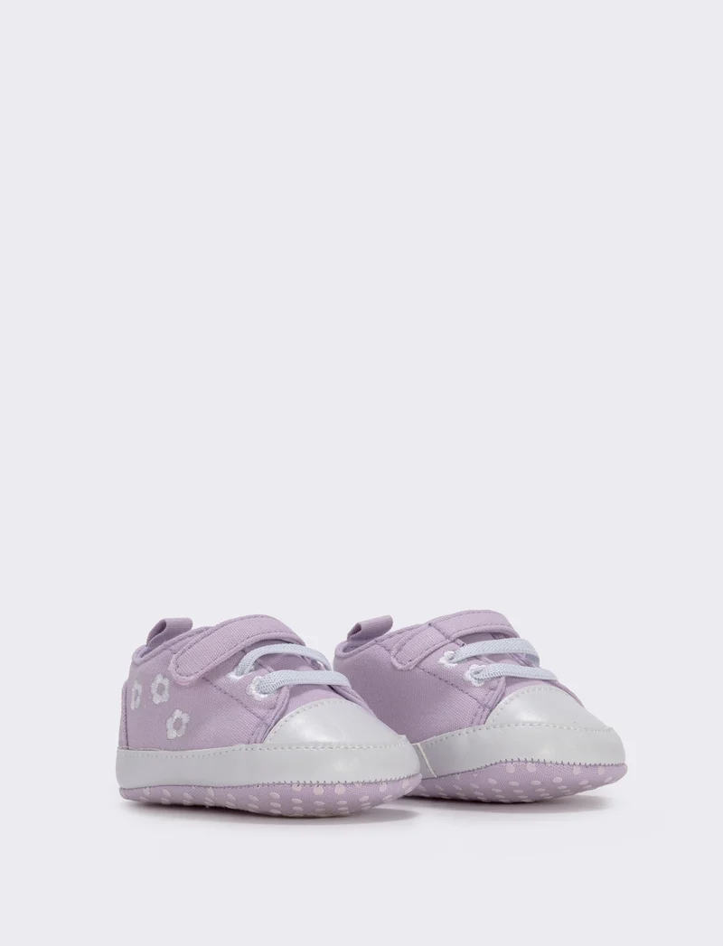 Scarpa in tela lilla con fiori per neonata - Lilla