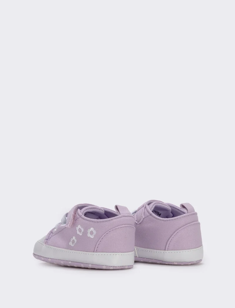 Scarpa in tela lilla con fiori per neonata - Lilla