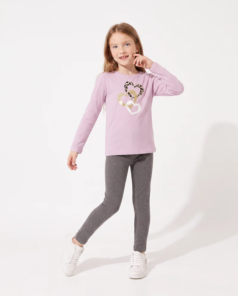 T-shirt in cotone manica lunga regolare - Rosa polvere