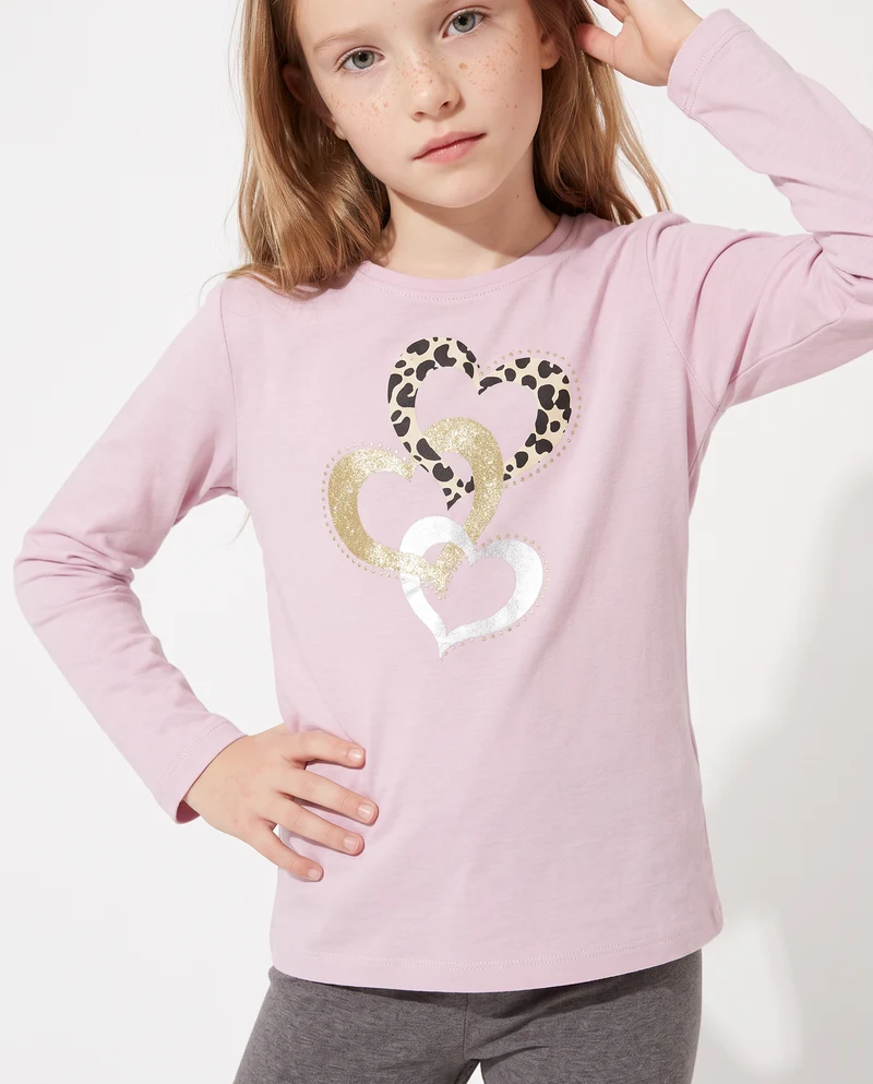 T-shirt in cotone manica lunga regolare - Rosa polvere