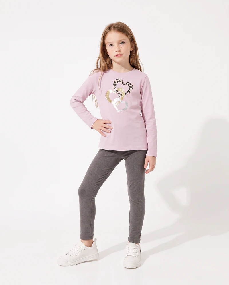 T-shirt in cotone manica lunga regolare - Rosa polvere