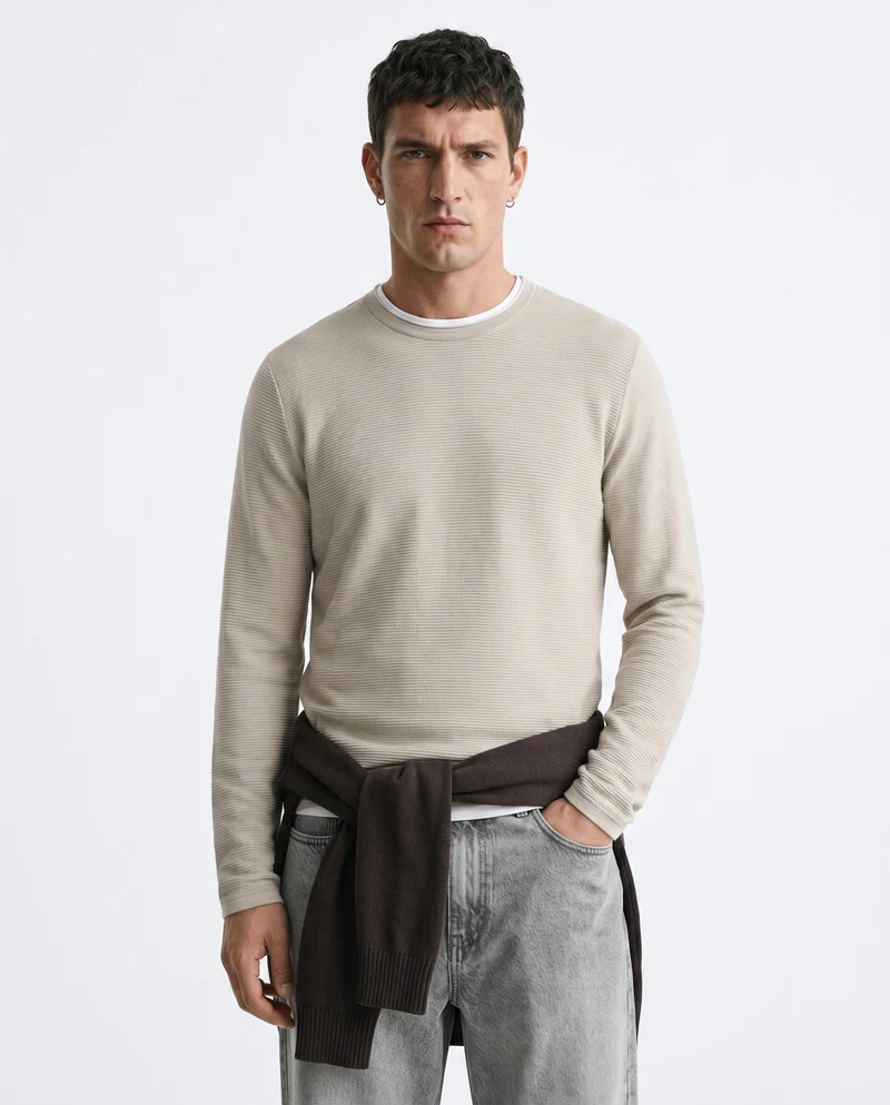 T-shirt maniche lunghe con orli a contrasto - Grigio ghiaccio