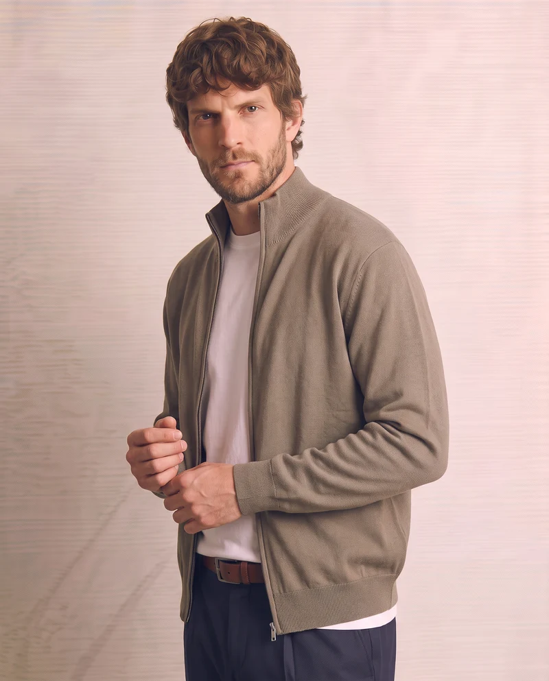 Maglia Cardigan Lupetto in Filato Comfort - Verde kaki
