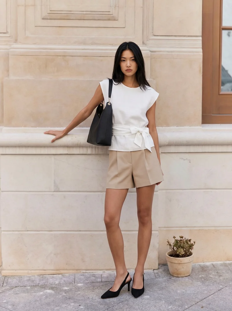 Short vita alta con chiusura a gancio - Beige grano