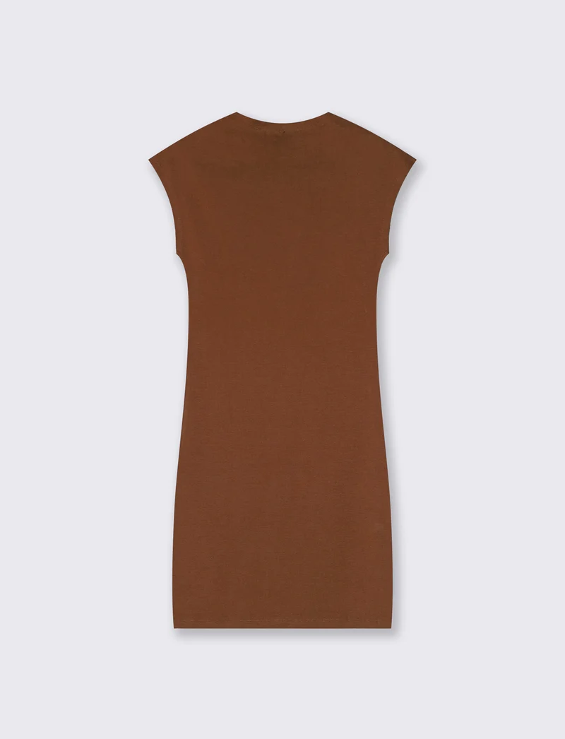Vestito corto a costine con manica a T - Marrone cioccolato