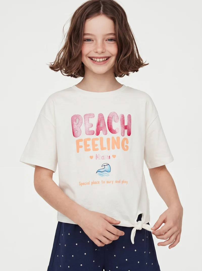 T-shirt da bambina con nodo sul davanti - Bianco