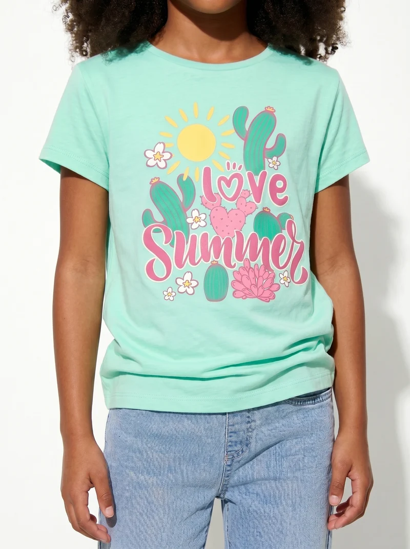 T-shirt estiva bambina con stampa lucida - Verde acqua