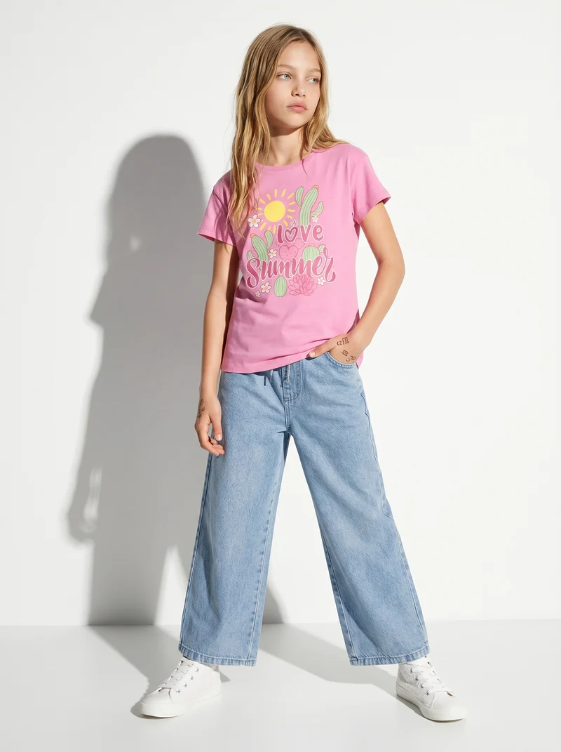 T-shirt estiva bambina con stampa lucida - Rosa