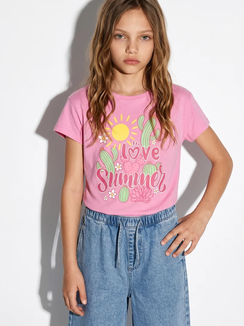 T-shirt estiva bambina con stampa lucida - Rosa