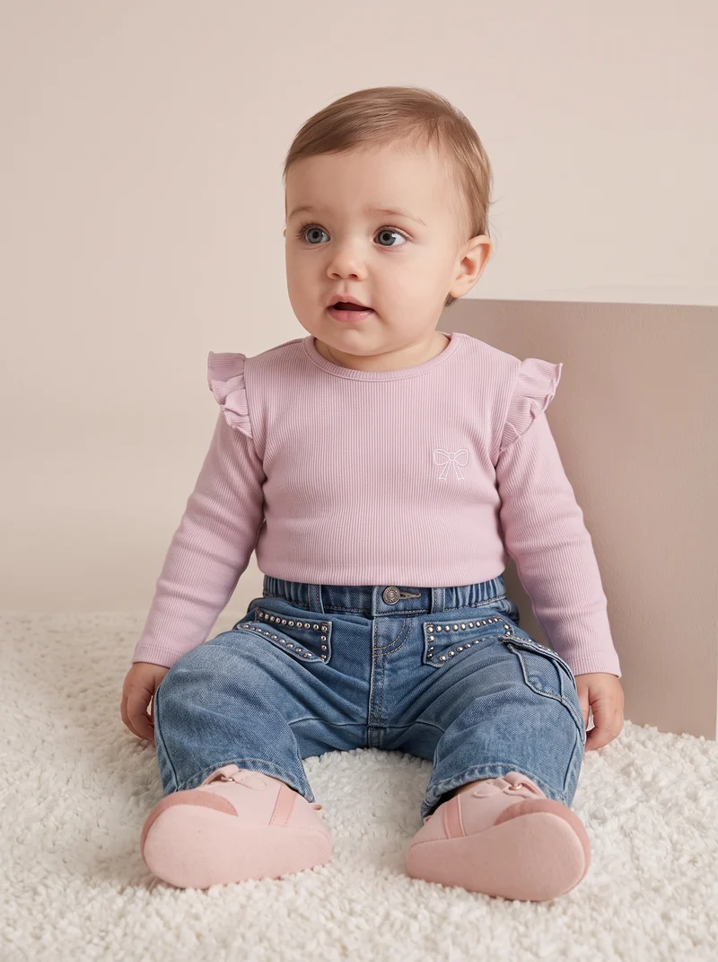 T-shirt in costina con ricamo elegante - Rosa polvere