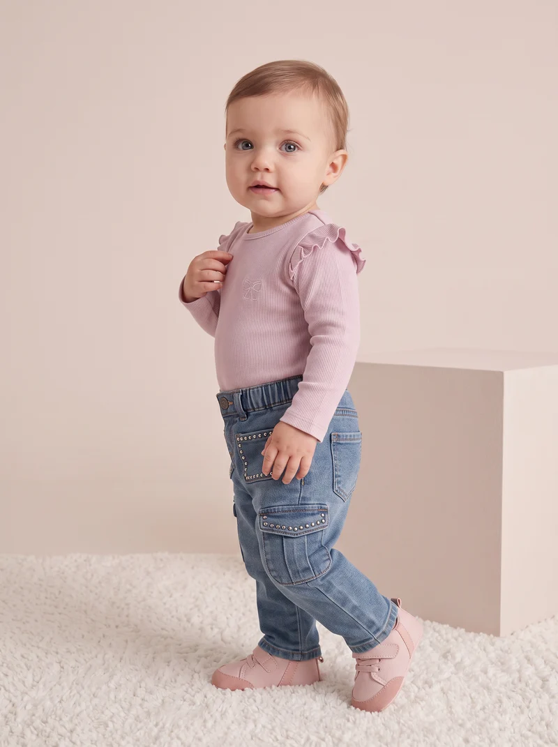 T-shirt in costina con ricamo elegante - Rosa polvere