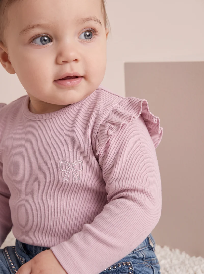 T-shirt in costina con ricamo elegante - Rosa polvere
