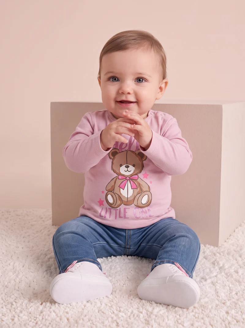 T-shirt basica con stampa brillante - Rosa polvere