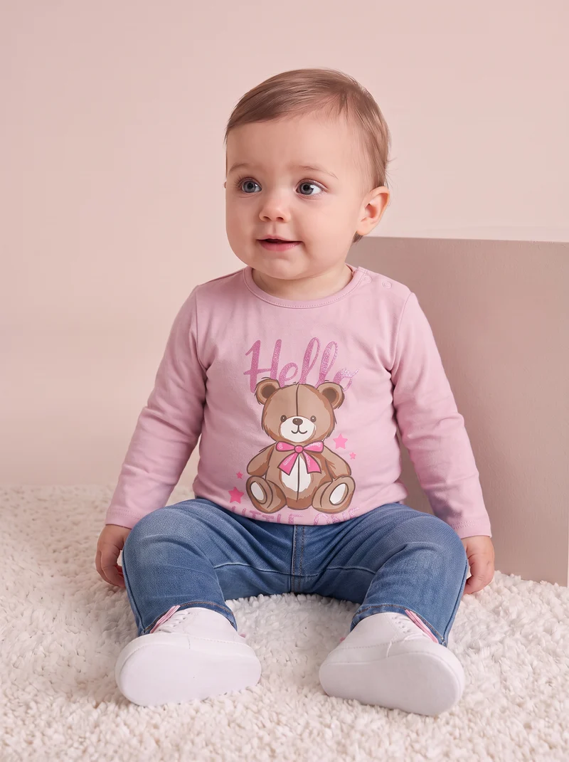 T-shirt basica con stampa brillante - Rosa polvere