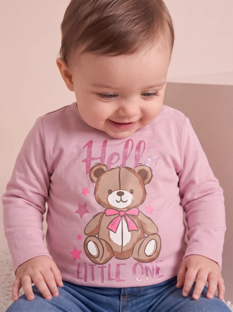T-shirt basica con stampa brillante - Rosa polvere