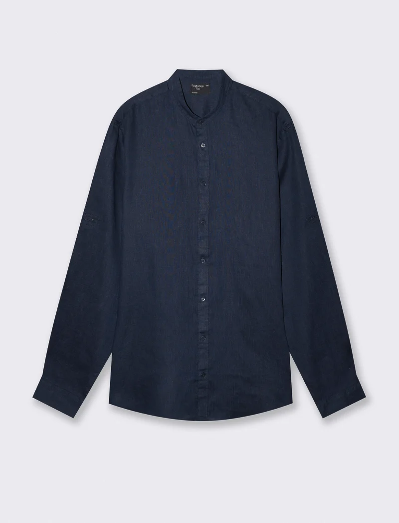 Camicia coreana in puro lino leggero - Blu
